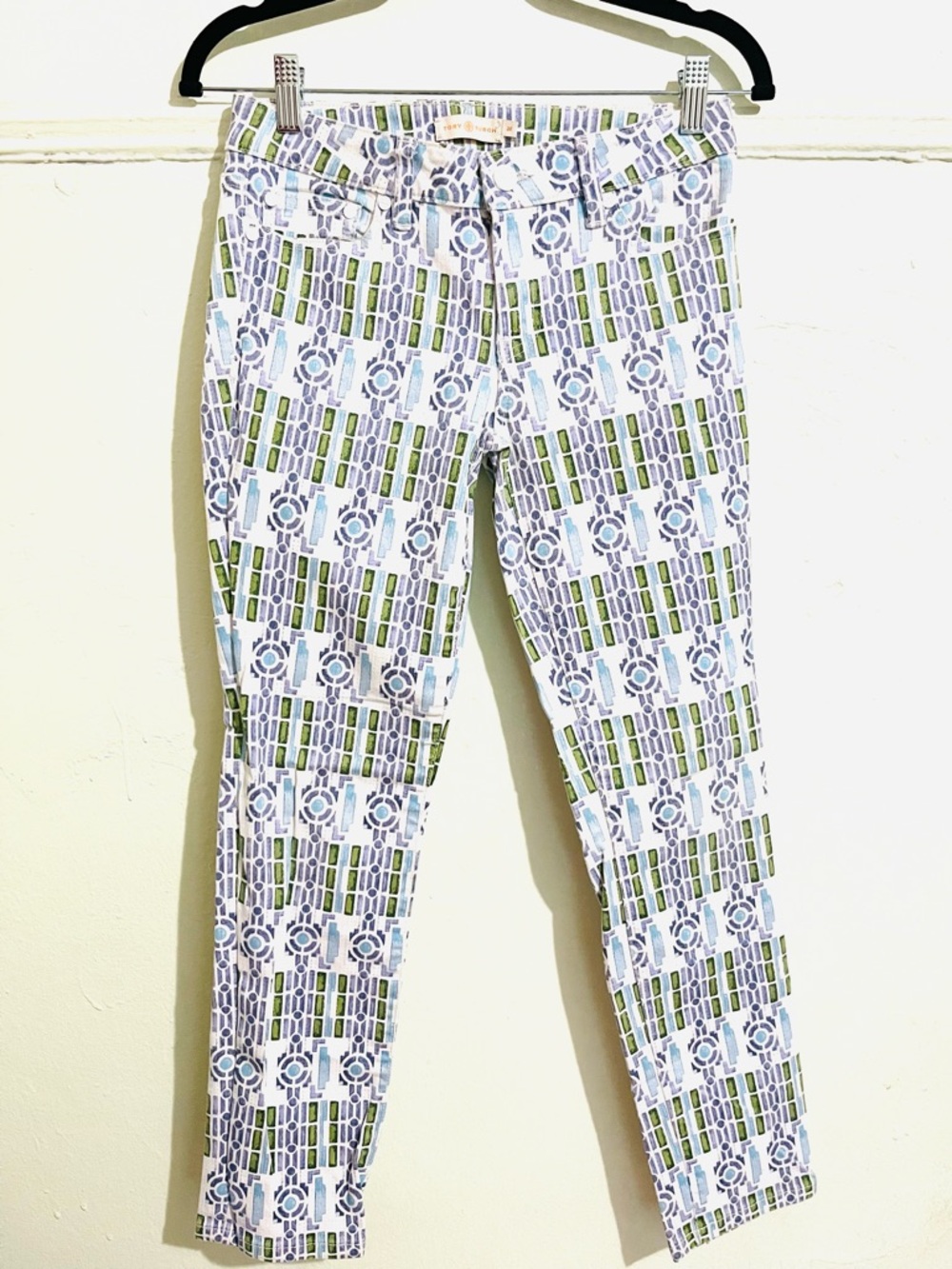 Tory Burch Alexa Crapped Skinny Jeans in a geometric Map print.